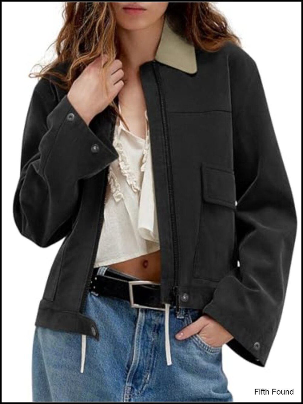 Women's Faux Suede Cropped Zip Up Jacket Contrast Collar Fleece Winter Coat